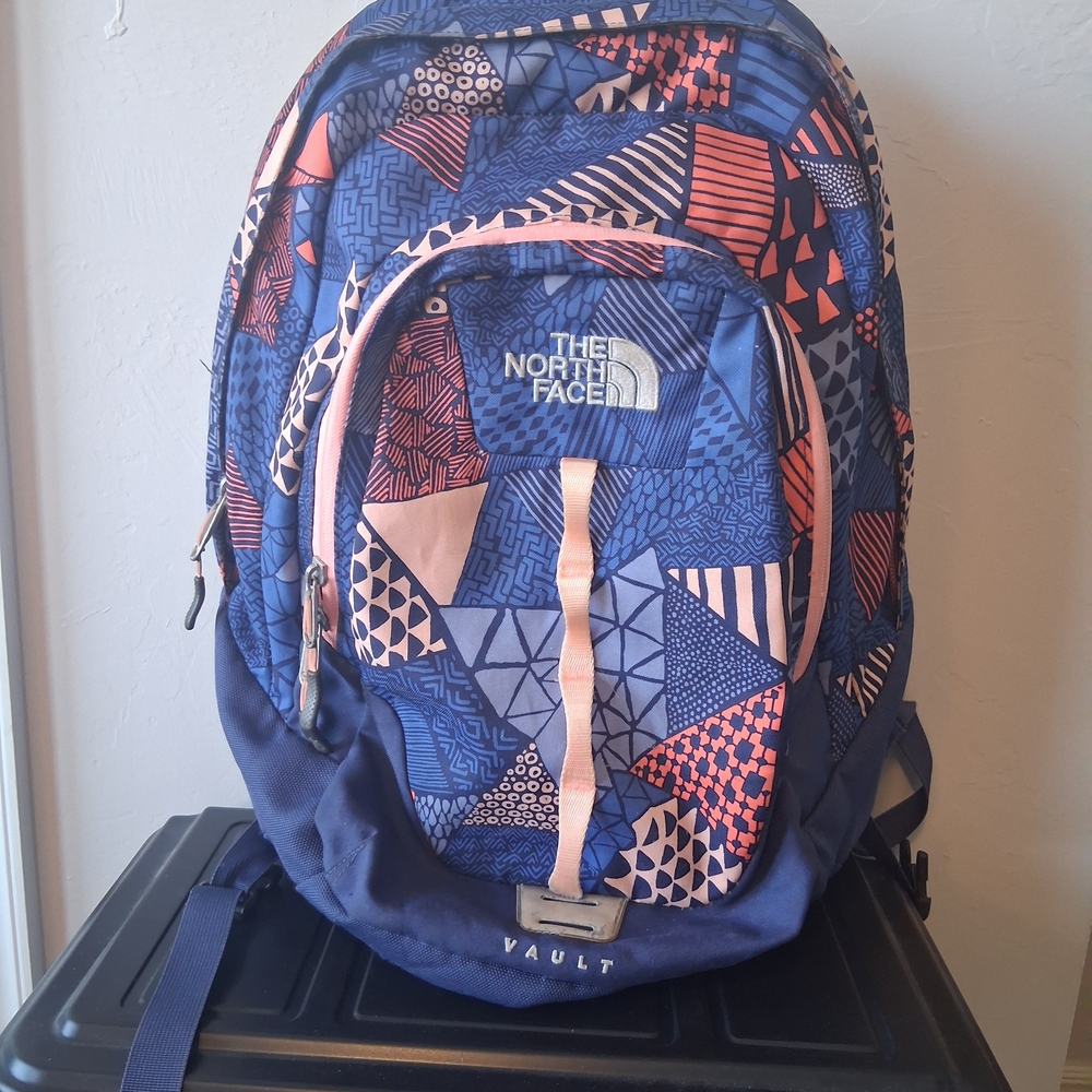 The North Face Blue and Pink Patterned Backpack